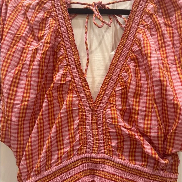 Anthropologie 100% Cotton Pink and Coral Gingham Smocked Romper - Picture 4 of 14